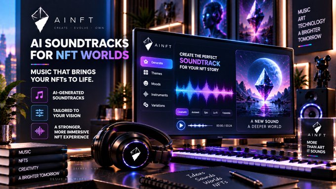 A promotional graphic for 'AINFT' advertises 'AI SOUNDTRACKS FOR NFT WORLDS' and 'MUSIC THAT BRINGS YOUR NFTs TO LIFE,' featuring a monitor displaying a soundtrack interface, headphones, and a MIDI keyboard in a music studio setting.
