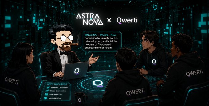 A digital illustration depicts a partnership announcement between Astra Nova and QwertiAI, featuring cartoon-styled figures in branded black hoodies around a futuristic table, with the speech bubble stating "@QwertiAI x @Astra__Nova partnering to simplify access, drive adoption, and build the next era of AI-powered, entertainment on-chain," highlighting the collaboration's focus on seamless onboarding and mass adoption.