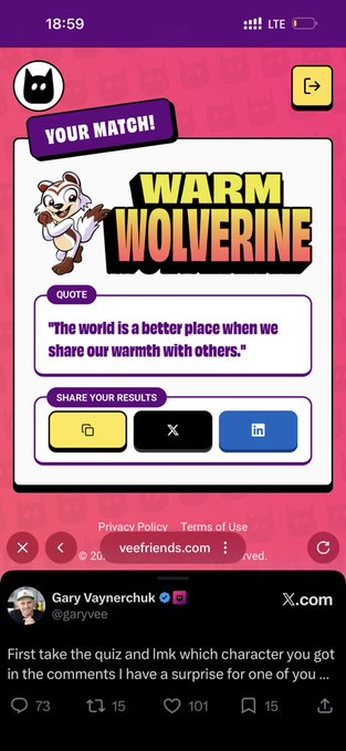 A mobile app screenshot showing a personality quiz result from veefriends.com, displaying a 'WARM WOLVERINE' character match with the quote 'The world is a better place when we share our warmth with others.' Below is a Gary Vaynerchuk (@garyvee) tweet asking followers to take the quiz and share their results.