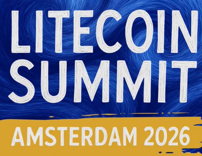 The image features a blue sign with white text that reads "Litecoin Summit Amsterdam 2026" written in bold letters, indicating an upcoming event for Litecoin enthusiasts.