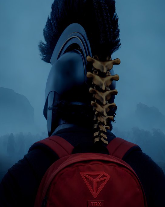A person wearing a spartan-inspired helmet and a red backpack, featuring the TRX logo, embarks on a "Trail Quest" for crypto rewards. This image visually represents the campaign's theme of adventure and rewards offered by @Backpack and @trondao.