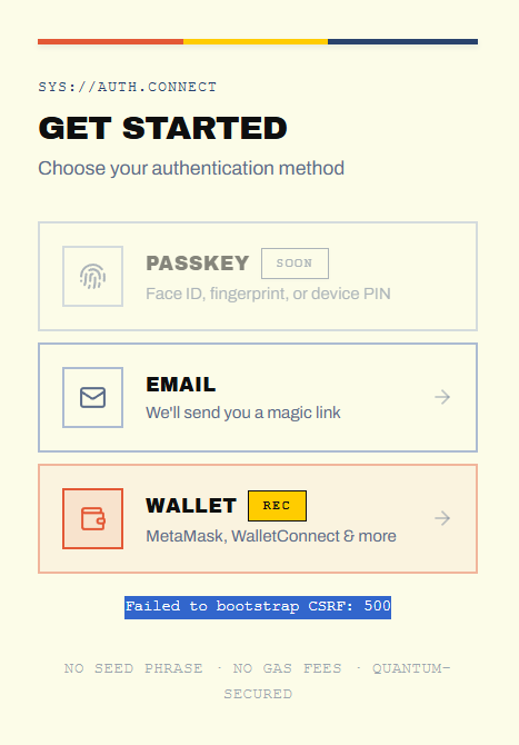 This is the "Get Started" screen for Dachain, offering authentication methods like Passkey, Email, and Wallet, but displaying a "Failed to bootstrap CSRF: 500" error. The error text directly relates to the post's complaint about being unable to log in.