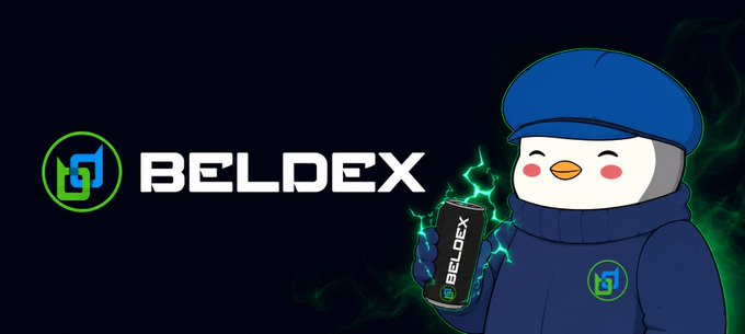A promotional banner featuring the 'BELDEX' logo next to a cartoon penguin wearing a blue sweater and cap, holding a phone displaying 'BELDEX'.