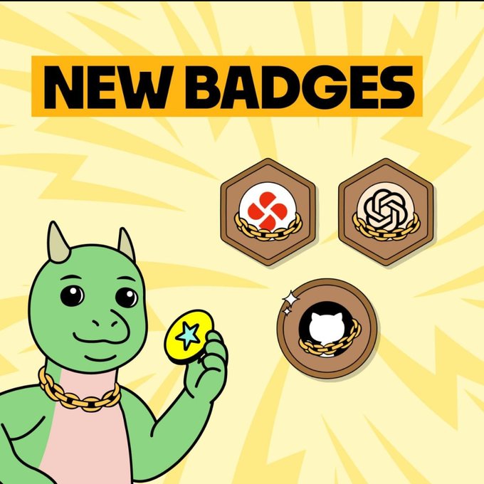 A cheerful green cartoon dinosaur wearing a gold chain holds a star badge next to three hexagonal "NEW BADGES" featuring distinct designs (a red plus symbol, a knot pattern, and a black emblem) against a yellow starburst background, promoting new achievement badges now available on the TREX Portal.