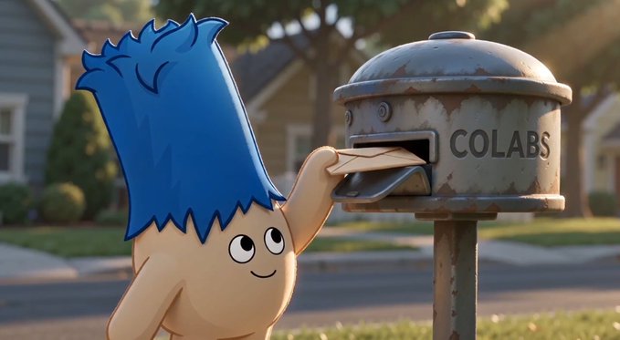 A 3D-rendered cartoon character with blue hair smiles while placing an envelope into a rusty mailbox labeled 'COLABS' in a suburban setting.