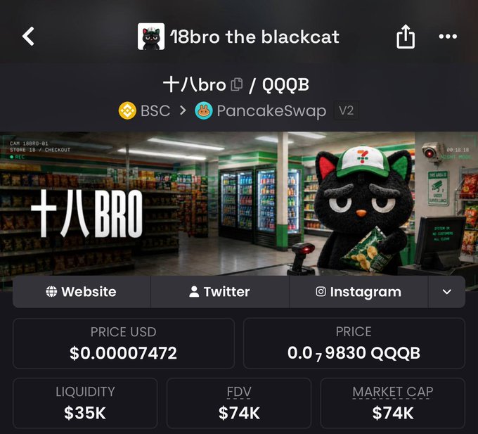 A cryptocurrency token page for '18bro the blackcat' (十八BRO) on PancakeSwap V2 via BSC, priced at $0.00007472 USD with a $35K liquidity and $74K market cap, featuring a black cat mascot in a convenience store.