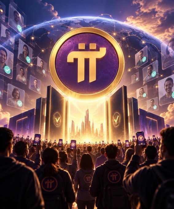 A digital artwork depicting a large Pi (π) cryptocurrency symbol above a futuristic city, with a crowd of people holding up phones, surrounded by floating profile pictures and a glowing Earth in the background.