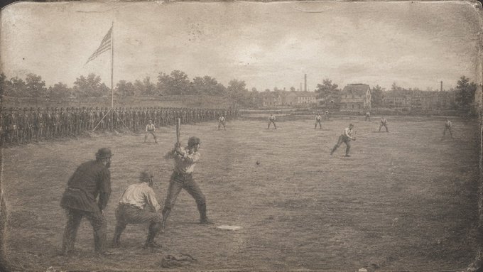 Sepia-toned historical photograph or illustration depicting an early baseball game with a batter at the plate, a catcher, and an umpire in the foreground, with fielders and an American flag in the background.