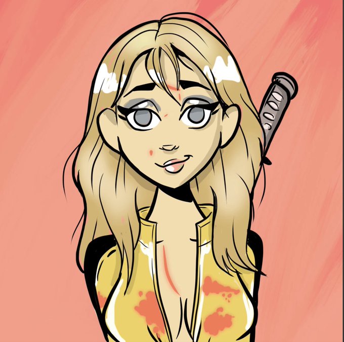 An illustrated portrait of a blonde female character with gray eyes, a smirk, and a katana hilt visible over her shoulder, wearing a blood-spattered yellow jacket against a pink background.