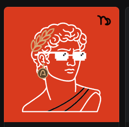 The image shows a stylized red icon of a classical bust wearing pixelated sunglasses, with the Greek letter "ϝ" (variant digamma) in the upper right corner. This relates to the post about selling crypto coins at a profit—likely referencing the Digibyte or similar project ticker symbol, celebrating the satisfaction of taking profits even though further gains could have been made.