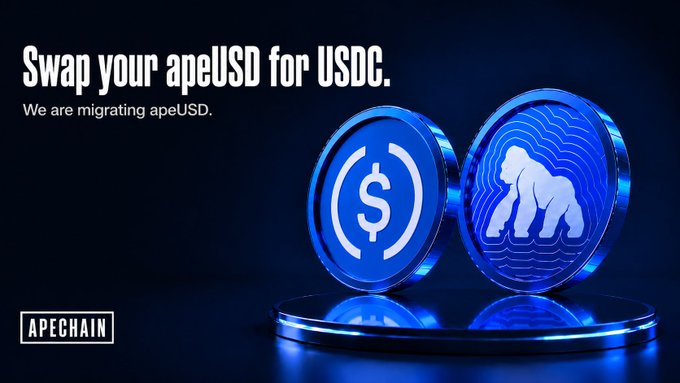 A blue promotional graphic from APECHAIN states 'Swap your apeUSD for USDC. We are migrating apeUSD.' next to two digital coins.