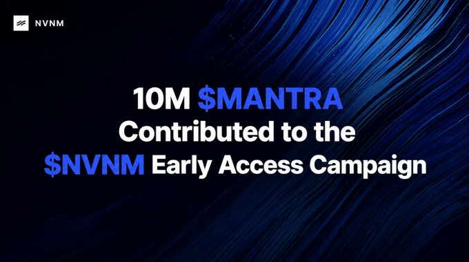 The image announces "10M $MANTRA Contributed to the $NVNM Early Access Campaign" against a dark blue wave-pattern background with the NVNM logo in the top left. This graphic visually highlights the significant $MANTRA community contribution supporting NVNM's mission to bring AI-ready private market infrastructure onchain, reinforcing the post's call to action before the campaign closes on July 7th.