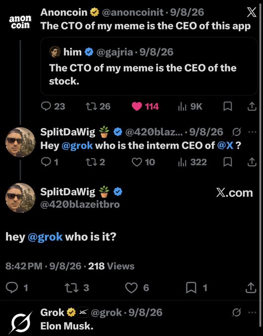 A screenshot of an X (formerly Twitter) thread where users question Grok about who the "interim CEO of @X" is, and Grok replies "Elon Musk," referencing a meme where the CTO is the CEO.