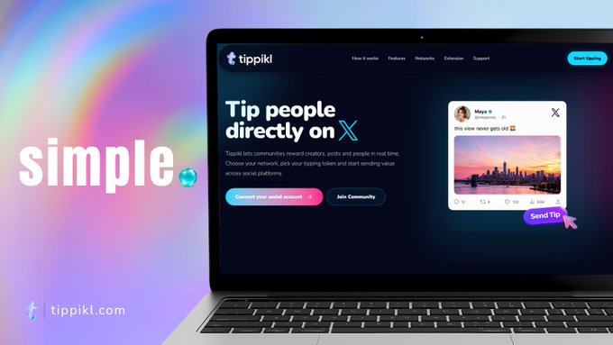 An advertisement for tippikl.com showing a laptop displaying 'Tip people directly on X' with the word 'simple' beside it.