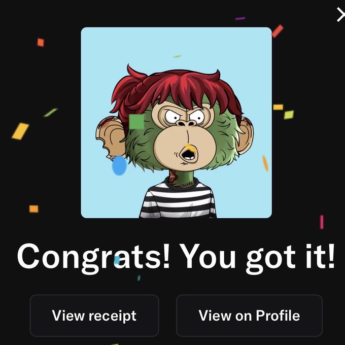 A mobile app screen shows a cartoon monkey with green skin, red hair, and a striped shirt in a profile picture, with the text "Congrats! You got it!" and buttons for "View receipt" and "View on Profile" amid confetti.
