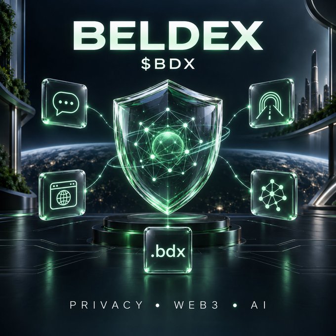 A futuristic promotional graphic for 'BELDEX $BDX' featuring a glowing green shield surrounded by icons representing privacy, web browsing, AI, and networking, with the tagline 'PRIVACY • WEB3 • AI'.