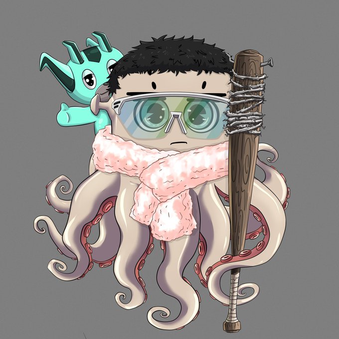 A cartoon character with a rectangular head, wearing sunglasses and a pink scarf, has octopus tentacles for a body and holds a nail-studded baseball bat, while a small teal bunny-like creature sits on its shoulder—pairing perfectly with the cheerful "good morning web3" post.