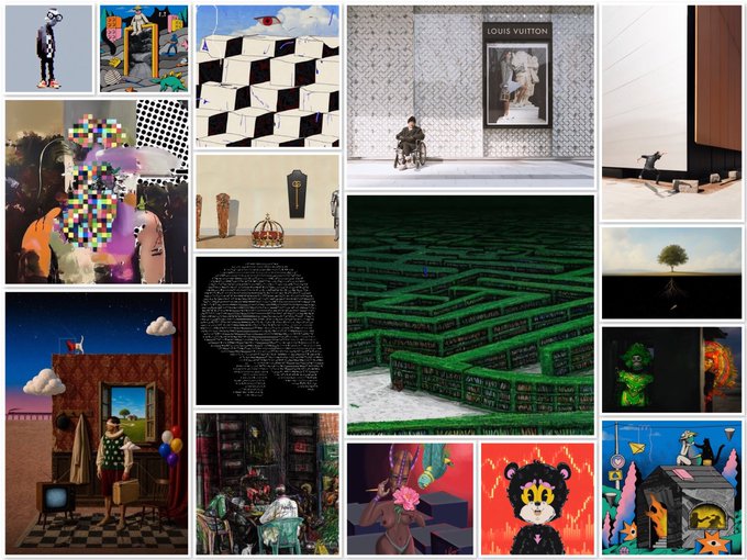 A collage of various artistic images including a Louis Vuitton storefront, a checkerboard vase, a green hedge maze, a pixelated portrait, a person sitting on a cloud, and a cartoon cat.