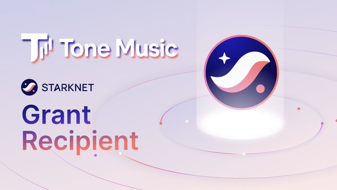 Promotional graphic announcing 'Tone Music' as a Starknet Grant Recipient, featuring a stylized logo on a glowing platform.