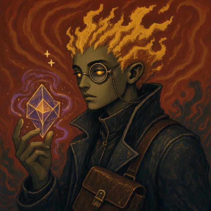 A fantasy illustration of a green-skinned figure with a crown of flames, wearing glasses and a dark coat, holding a glowing geometric crystal.