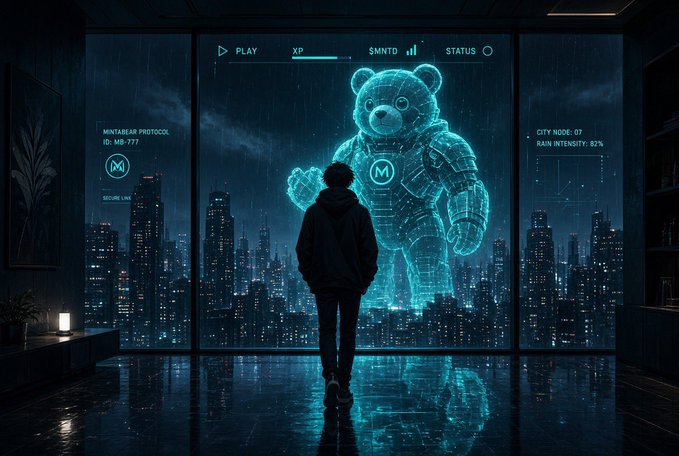 A person in a dark hoodie stands facing a large window overlooking a rainy cityscape at night, with a holographic teddy bear displaying 'MINT&BEAR PROTOCOL ID: MB-777' floating before them and interface elements showing PLAY, XP, $MNTD, STATUS, and CITY NODE-07 RAIN INTENSITY: 82%.