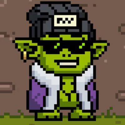 A pixel art illustration of a green goblin-like character wearing black sunglasses, a black beanie with a white logo, a white vest, and purple pants, standing on a patch of grass against a brown background. The post announces it as a new Robinhood NFT profile picture, linking to the "gre..." collection on OpenSea.