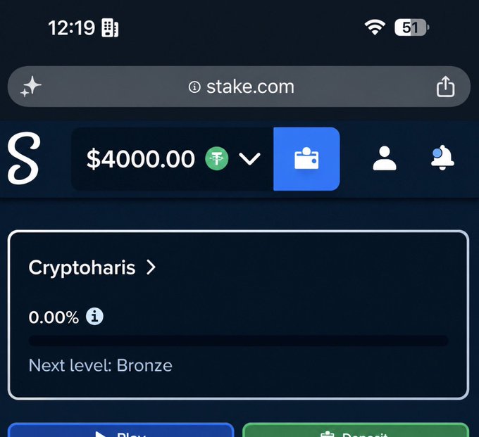 A screenshot of a Stake.com account showing a $4000.00 balance in the "Cryptoharis" wallet at 0.00% progress toward Bronze level, supporting the poster's promise to give away $200 across 20 random comments if USA wins.