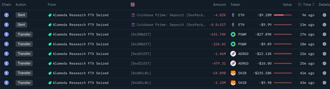 The image displays a blockchain transaction history showing recent transfers from Alameda Research FTX Seized wallets, including 4.82K ETH (~$9.28M) sent to Coinbase Prime via Deposit, along with transfers of 631.74K POWR (~$27.89K), 224.82 POWR (~$9.89K), 1,060 AERGO (~$22.13K), 479.31 AERGO (~$10K), 54.89B SHIB (~$235.58K), and 2.33M SHIB (~$9.98K) to various addresses within the last 9-43 minutes, illustrating the U.S. government's distribution of seized Alameda Research/FTX crypto assets.