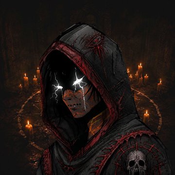 A dark, ominous illustration of a hooded figure with glowing white eyes and tears, dressed in dark robes with a skull motif, surrounded by candles.