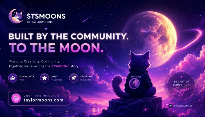 A promotional graphic for $TSMOONS by Taylor Moons featuring a cat in a hoodie looking at a large purple planet, with the tagline 'BUILT BY THE COMMUNITY. TO THE MOON.' and website taylorloons.com.