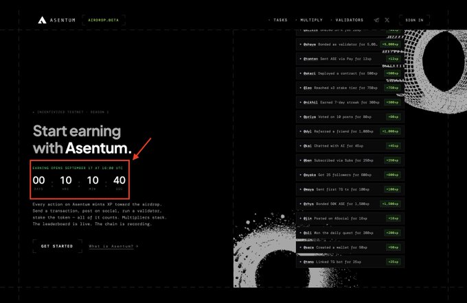 A screenshot of the Asentum (asentum.beta) website showing a 'Start earning with Asentum' page for the Unincentivized Testnet Season 1, featuring a countdown timer (00:10:10:40) and a list of incentivized tasks with point rewards.
