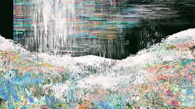 An abstract digital artwork featuring chaotic streaks of white, black, blue, and pink paint with glitch-like horizontal lines.