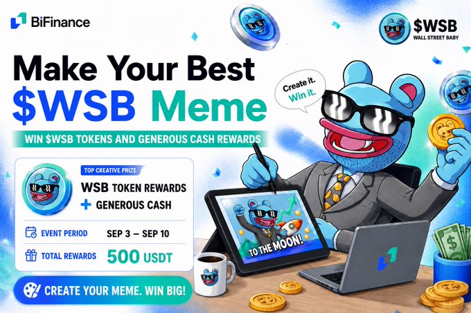A blue bear in sunglasses and a suit creates a "$WSB" meme on a tablet, promoting the BiFinance × $WSB Meme Challenge from Sep 3–Sep 10 with 500 USDT in total rewards and the slogan "TO THE MOON!"