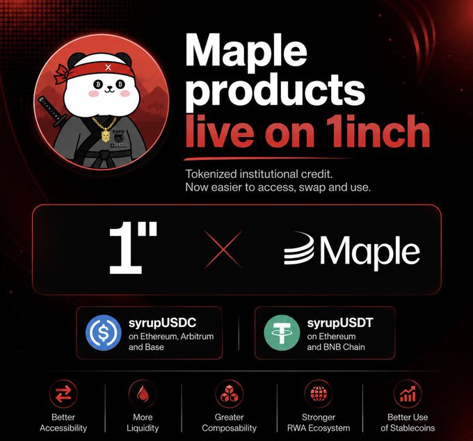 A promotional graphic announces "Maple products live on 1inch," featuring a red-hooded panda mascot and highlighting tokenized institutional credit with products syrupUSDC (on Ethereum, Arbitrum and Base) and syrupUSDT (on Ethereum and BNB Chain), alongside benefits like "Better Accessibility," "More Liquidity," "Greater Composability," "Stronger RWA Ecosystem," and "Better Use of Stablecoins."

The image directly supports the post's message by showcasing Maple's integration with 1inch, demonstrating how holding stablecoins like syrupUSDC and syrupUSDT can actively put capital to work through tokenized institutional credit, rather than letting it sit idle.