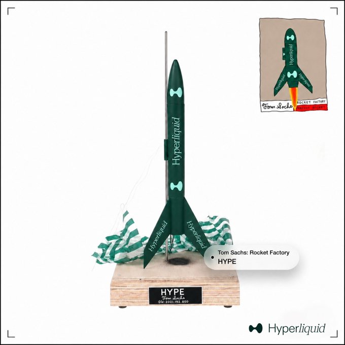 A green rocket-shaped sculpture labeled 'HYPE' by Tom Sachs at Rocket Factory, branded with the Hyperliquid logo.