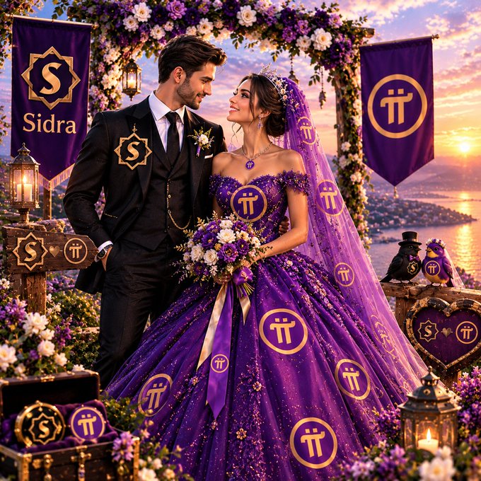 A whimsical wedding scene features a couple in purple attire emblazoned with "Sidra" and Pi Network (π) logos, symbolizing a humorous union between the two crypto projects. The image playfully illustrates the post's joke about patient SidraChain and Pi Network miners, whose hypothetical "child" Patience Stone humorously awaits long-promised mainnet and DEX launches.