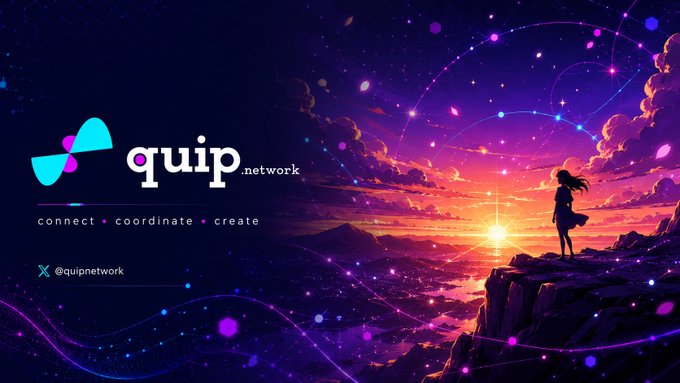 The image features a woman standing at the edge of a cliff with her back to the viewer, overlooking a beautiful sunset. The sky above them is filled with stars, creating a stunning backdrop for this serene scene. In the background, there are mountains that add depth and perspective to the image. The text "quip network" is prominently displayed in white letters at the top of the image, indicating that it is related to the Quip network or social media platform.