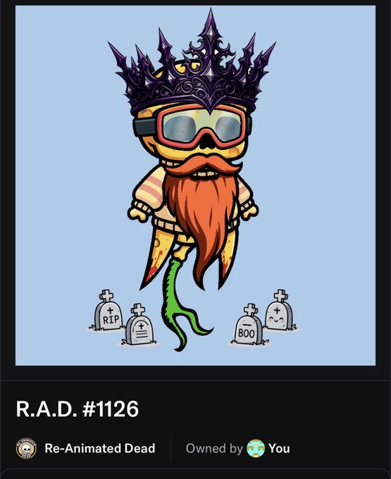 An NFT titled 'R.A.D. #1126' from the 'Re-Animated Dead' collection shows a yellow character with an orange beard, snorkel goggles, and a dark spiked crown, floating above gravestones marked 'RIP' and 'BOO', with 'Owned by You'.