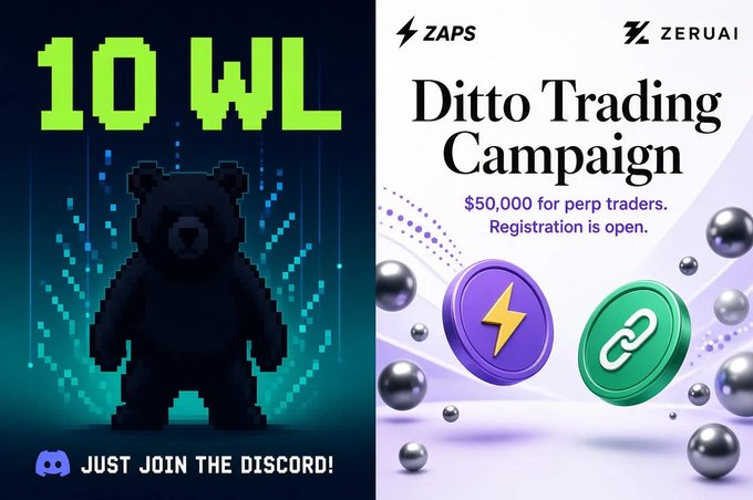 A split promotional image: the left side shows a pixel-art black bear with '10 WL' and 'JUST JOIN THE THE DISCORD!', while the right side advertises the 'Ditto Trading Campaign' by ZAPS and ZERUAI offering '$50,000 for perp traders'.