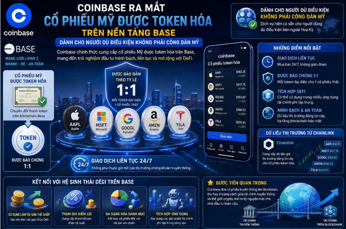 A Vietnamese promotional graphic announces 'COINBASE RA MẮT CỔ PHIẾU MỸ ĐƯỢC TOKEN HÓA TRÊN NỀN TẢNG BASE' (Coinbase launches tokenized US stocks on Base platform), highlighting major tickers like AAPL, MSFT, GOOGL, AMZN, and TSLA available with 1:1 backing.