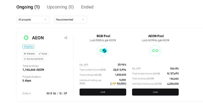 Screenshot of a crypto staking dashboard showing an ongoing AEON project with a BGB Pool (29.94% APR) and AEON Pool (246.8% APR).