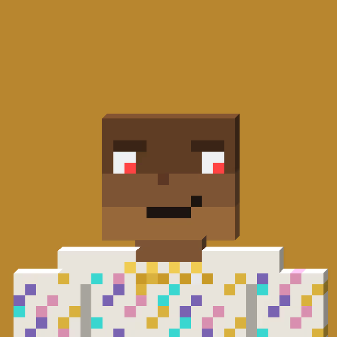 A Minecraft-style pixel art character with brown skin, red eyes, and a white shirt covered in multicolored confetti-like pixels set against a solid orange background.