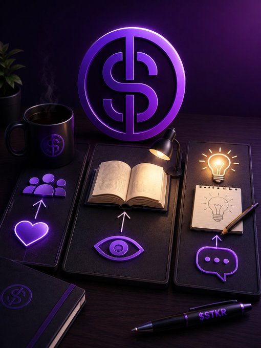 A purple-themed promotional image featuring a stylized "S" logo above a desk arrangement with a coffee mug, open book, notebook with lightbulb illustration, and various icons representing community, vision, and communication, with a pen labeled "$STKR".