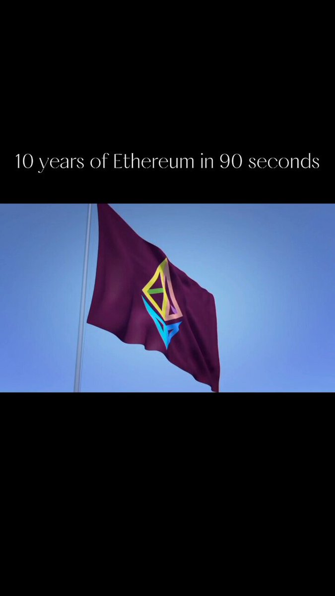 The image features a purple flag flying high against a blue sky, with the text "10 years of Ethereum in 90 seconds" written below it. The flag appears to be waving in the wind as if celebrating its 10-year anniversary. The caption also includes some text about the community's achievements and future plans for the cryptocurrency world.