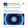 A social media post promoting "Coinbase Wallet" featuring a cat meme-themed ad for a price-free crypto trading app. The post contrasts the fun, meme-driven marketing approach with the user's question about whether Binance's similar cat-themed promotion reveals hidden intentions from CZ (Changpeng Zhao).