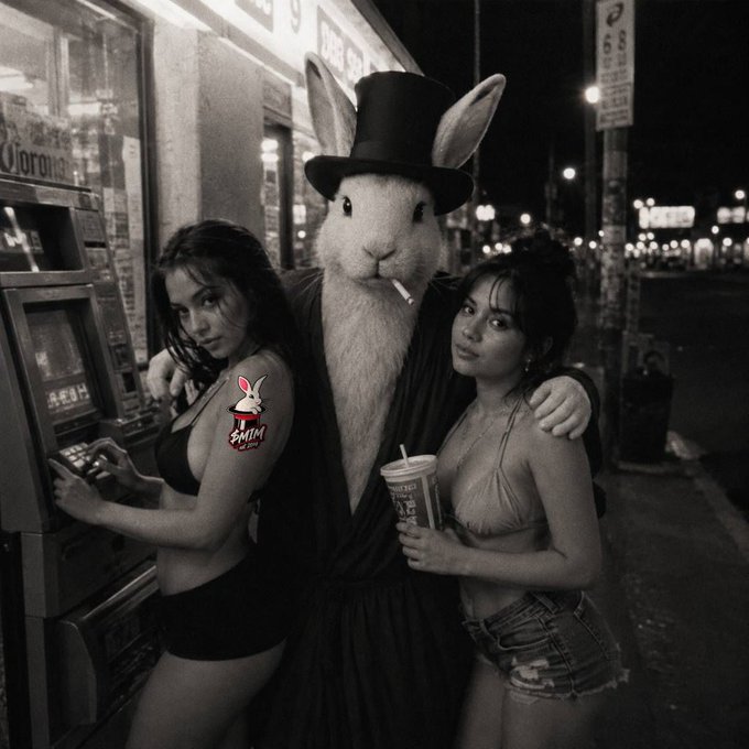 A black-and-white photo showing two women in revealing tops and shorts posing on a city street with a person in a rabbit costume and top hat between them; one woman has a Playboy bunny sticker on her arm.