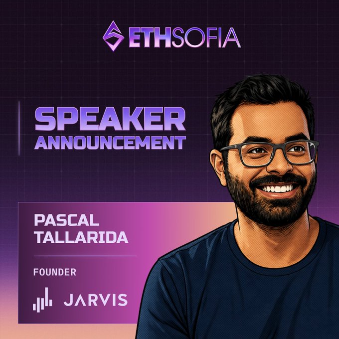 A speaker announcement graphic for ETHSofia featuring Pascal Tallarida, Founder of Jarvis, illustrated as a smiling man with glasses and a beard against a purple background.