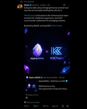 Twitter/X post by Dylan B about @KiiChain_io (KIIchain) focusing on infrastructure layer, onchchain FX, stablecoin payments, and 24/7 cross-border settlement for emerging markets.