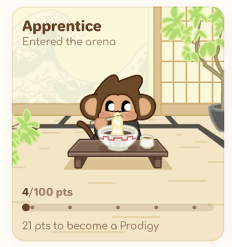 An NFT profile card showing an 'Apprentice' rank monkey character eating noodles, with 4/100 pts and 21 pts needed to become a Prodigy.