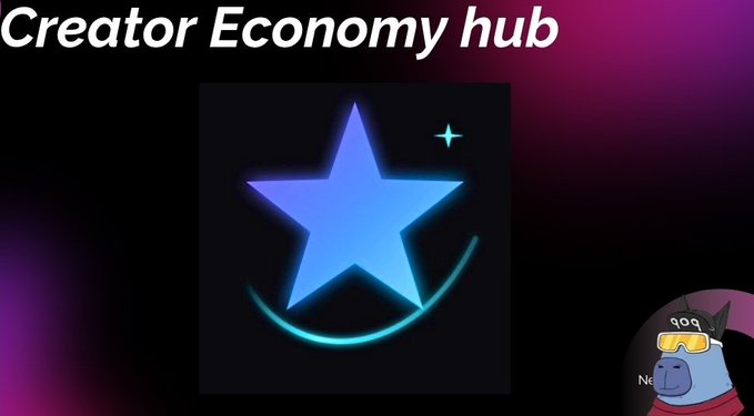 The image features a cartoon character wearing goggles with the caption " creator economy hub" written above them. The character appears to be a gorilla or a monkey, depending on the perspective of the viewer. Below the character, there's text that reads " Did you make it to wallchain selection list yet? What if I introduce an increasing creator economy hub where creators don'n need big followers count to get discovered." This suggests that the image is promoting a platform for creators or artists who want to showcase their work and gain recognition without needing a large following.